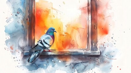 Colorful watercolor painting of a pigeon perched on a window sill.
