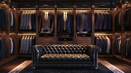 Naklejki  Luxury store of men clothing with black sofa, male wardrobe interior