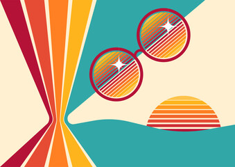 retro vibes: colorful 70s perspective lines, vintage sunset, sunglasses, groovy wavy and abstract ocean view