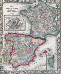 Antique map of Spain, France and Portugal