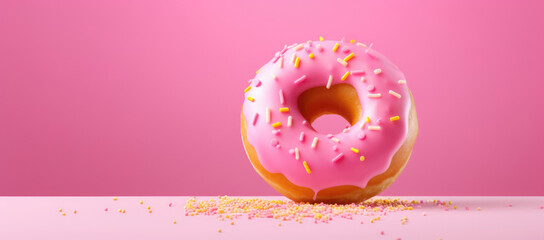 A pink frosted donut ring with sprinkles on top. The unhealthy round, fat and calories loaded pastry is glazed and placed on a pink background.
