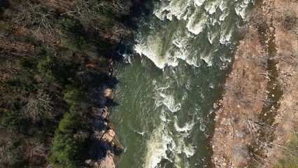 Drone view looking down on white water rapids on Youghiogheny River in Ohiopyle, Pennsylvania