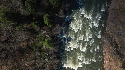 Drone view looking down on white water rapids on Youghiogheny River in Ohiopyle, Pennsylvania