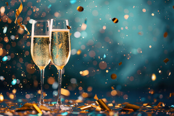 Celebration. Two Champagne glasses. Confetti, lights and bokeh. Background image. Created with Generative AI technology. - obrazy, fototapety, plakaty