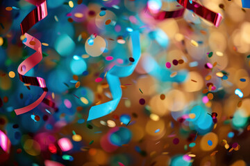 Fototapeta na wymiar Celebration. Colorful confetti, lights and bokeh. Background image. Created with Generative AI technology.