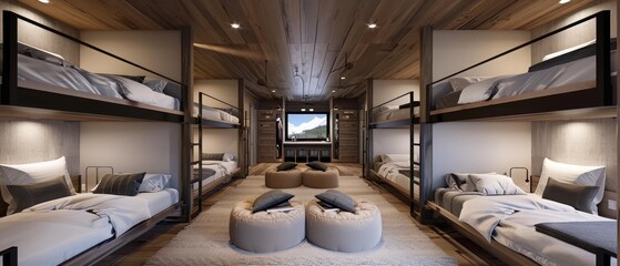 A large bedroom filled with several sets of double bunk beds. --ar 7:3 --v 6.0 - Image #1 @kashif320