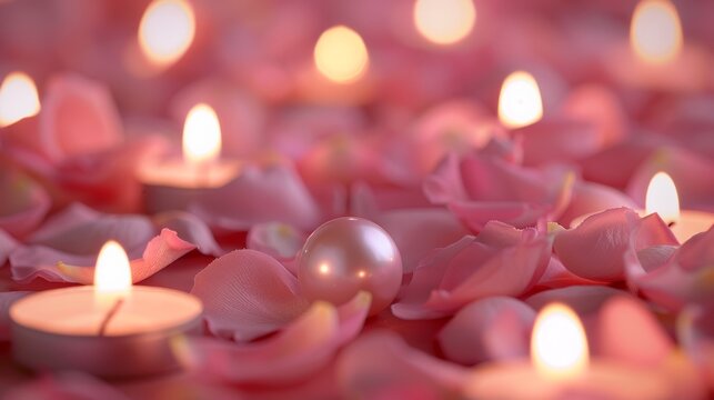 pearl rests on pink satin rose petals, bathed in the soft glow of candles background