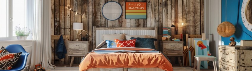 A rustic colorful young boys bedroom sign above bed says say your prayers --ar 53:15 --v 6.0 -...