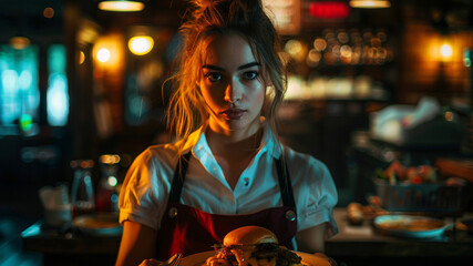 Crazy beautiful young waitress holding a plate of creepy food in a restaurant. cinematic lighting, and dark background.