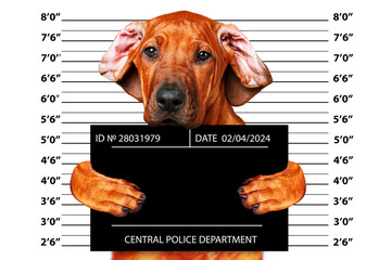 Rhodesian Ridgeback dog holding a police department poster.