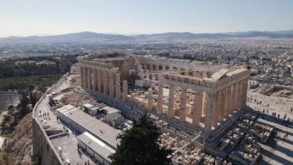 Drone shot of the Parthenon on the Acropolis of Athens in Greece