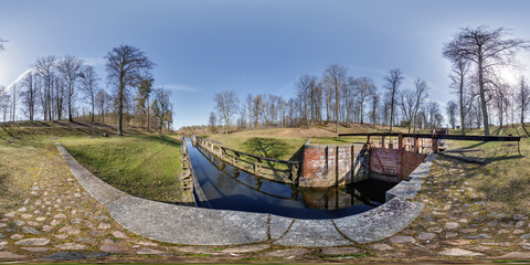 hdri 360 panorama near gateway lock construction on river, canal for passing vessels at different water levels. Full spherical 360 degrees seamless panorama in equirectangular projection - obrazy, fototapety, plakaty
