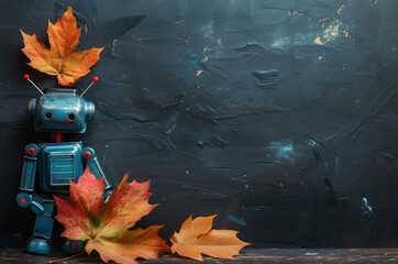 Robot with autumn maple leaves on the background of a black chalkboard, the concept of modern technologies in learning and back to school. Copy space