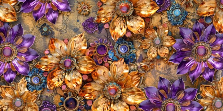Flowers that mimic the appearance of medieval jewelry, each petal detailed in metallic hues and jeweled accents, Intricate craftsmanship of royal adornments created with Generative AI Technology