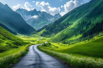 Papier Peint photo autocollant Vert bleu Country asphalt road and green forest with mountain natural landscape