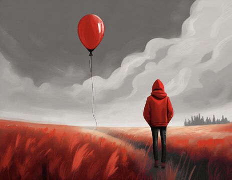 Painting of a  lonely Young man in red hoody with red balloon in the field.