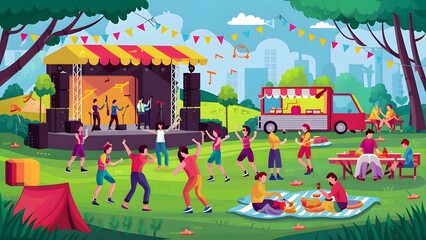 Music festival, open-air concert with outdoor stage, live performance, dancing people in nature, food trucks and tents. Summer public entertainment party, picnic in park. Flat vector illustration