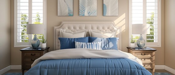 Beautiful bedroom with blue and white colors, beige walls, two bed side tables with lamps, windows with white shudders --ar 7:3 --v 6.0 - Image #1 @kashif320