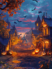 Fototapeta na wymiar Fantasy Halloween Village with Jack-O'-Lanterns at Twilight
