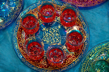 Ethnic moroccan tea service with glasses and a tray