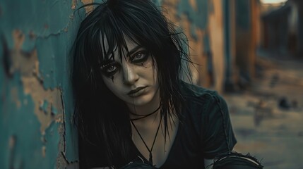 Portrait of a dark emo style woman sitting sad on the side of a city road AI generated image - obrazy, fototapety, plakaty