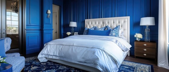 Beautiful designer bedroom with royal blue walls and white comforter --ar 7:3 --v 6.0 - Image #1 @kashif320