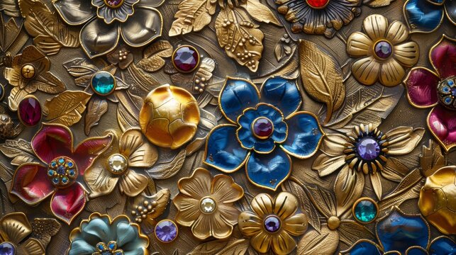 Flowers that mimic the appearance of medieval jewelry, each petal detailed in metallic hues and jeweled accents, Intricate craftsmanship of royal adornments created with Generative AI Technology
