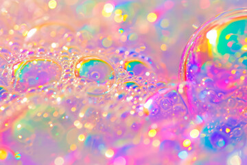 Multiple soap bubbles are positioned on a table