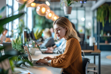 A woman is seated at a table using a laptop computer