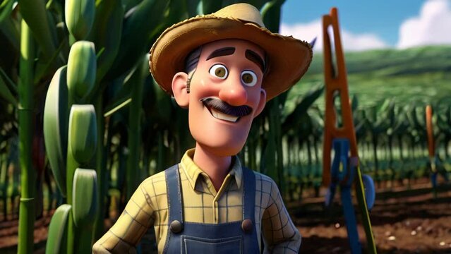 A farmer man in a straw hat is standing in a field of corn