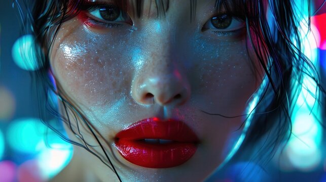Close up of asian woman face sensual and seductive beautiful red lips AI generated image