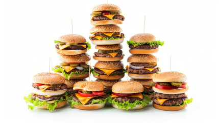 pyramid of hamburgers on a white background, Generative AI