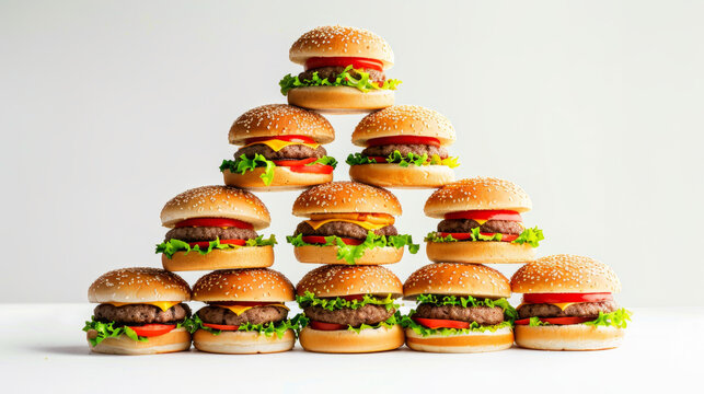 pyramid of hamburgers on a white background, Generative AI