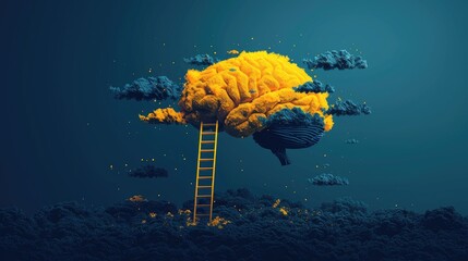 Surreal brain cloud with ladder and night sky