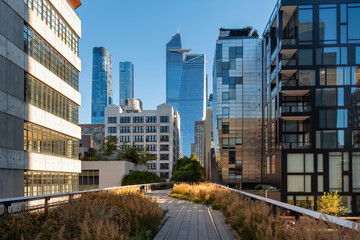 The Manhattan High Line promenade in Chelsea. New York City elevated greenway with Hudson yards skyscrapers in morning light - 774106981