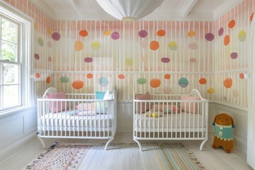 Obraz na płótnie Canvas Bright baby room with pastel wallpapers and white cradles --ar 3:2 --v 6.0 - Image #1 @kashif320