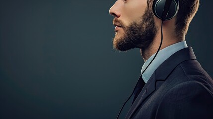 Side view of a male professional in a suit with a headset, possibly working in customer service - obrazy, fototapety, plakaty