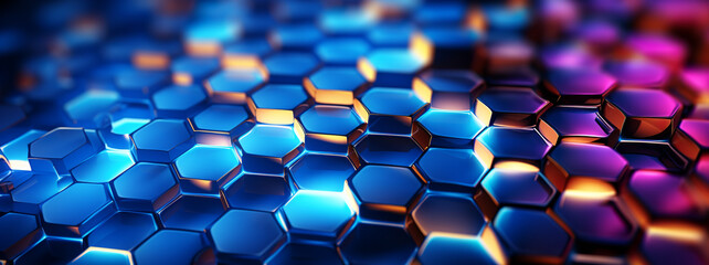 Obraz premium A close-up view reveals a pattern of hexagonal shapes with a metallic look that gleams in gradient shades of blue and purple, creating a sense of depth and technology. Background concept. AI generated