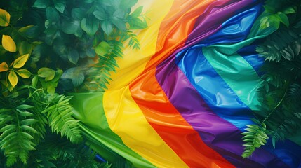 A close-up of a vibrant rainbow flag fluttering against a backdrop of greenery.