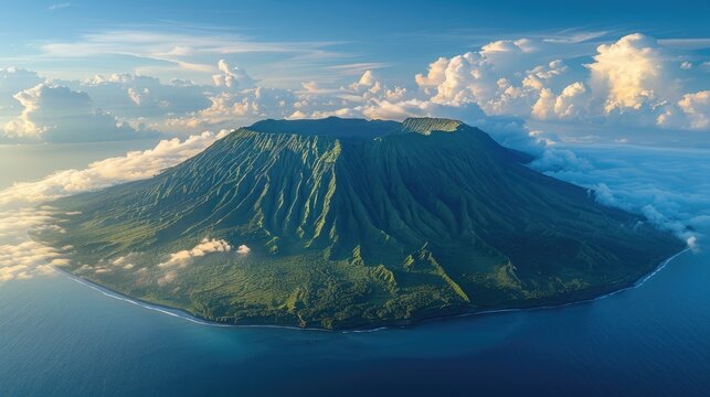 A breathtaking aerial photograph capturing the expansive and lush greenery of a large island volcano surrounded by clouds and sea