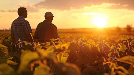 Farmers in a field at sunset with blurred faces