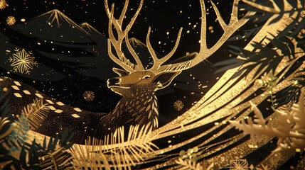 Golden deer with majestic antlers in dark tones