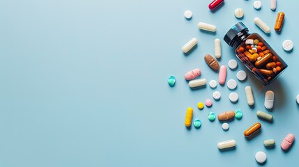 Assorted pharmaceuticals on blue background - obrazy, fototapety, plakaty