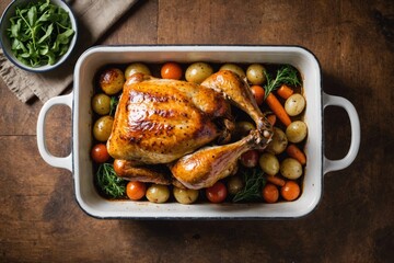 Overhead view of roasted chicken in a baking dish