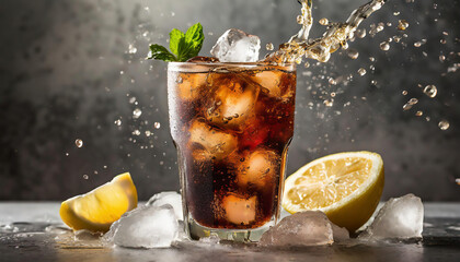 cola drink in glass with ice cubes creating a splash and bubbles on gray background with sliced lemon and mint leaves