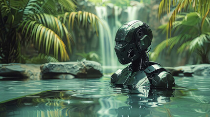 Robot cyborg in the tropical pool, robotlife concept - obrazy, fototapety, plakaty