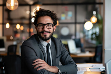 Fototapeta premium A man in business attire, wearing a suit and tie, is seated at a desk working
