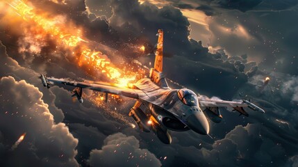 Angry military fighter jet with fire from flying - obrazy, fototapety, plakaty