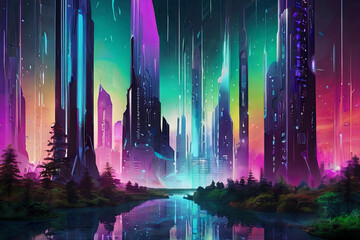 Experience the fusion of an enchanted forest and futuristic cyber city in a colorful gradient...
