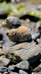 Vertical shot of two snails on a stone on the beach